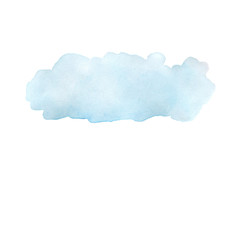 Fototapeta na wymiar Cloudlet. Light blue watercolor hand drawn isolated wash spot on white background for web text design. Abstract brush paint paper grain texture illustration element for wallpaper. Cloud watercolor