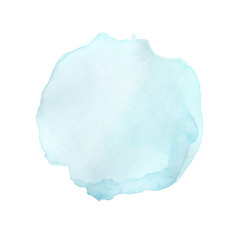 Light blue watercolor spot in the form of a circle on a white background. Figure created in the technique of sketch. Cloud. Abstract artistic frame, place for text or logo.