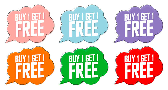 Set Buy 1 Get 1 Free tags, sale banners design template, discount badge collection, app icons, vector illustration