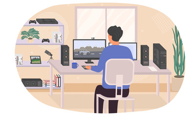Gamer seated at his computer playing video games in his living room at home viewed from the rear, colored vector illustration