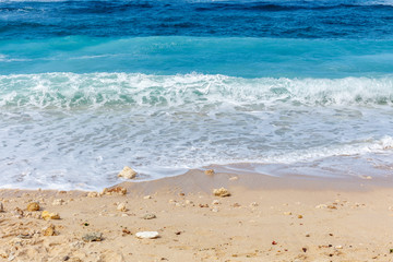Popular Melasti Beach (Pantai Melasti), Bukit, Bali, Indonesia. Turquoise water, rocks, ocean scenery. 