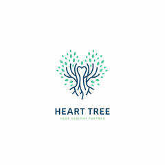 Heart tree health care logo with tree roots branch and leaf in heart shape icon symbol illustration