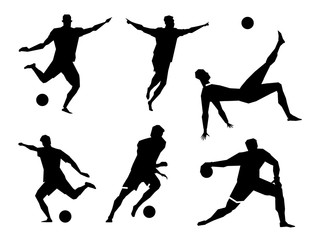 Black silhouettes of soccer players. Various poses with the ball. Vector graphics