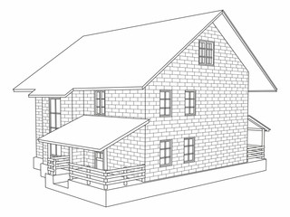 House is a cottage with brick walls. Linear vector image. Exterior of the building