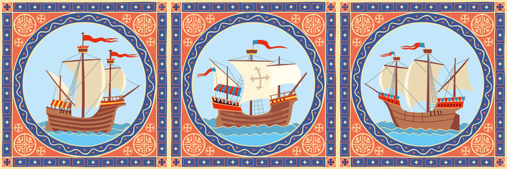 Fototapeta na wymiar Triptych of vintage sailboats in decorative frames. Stylization of historical book graphics