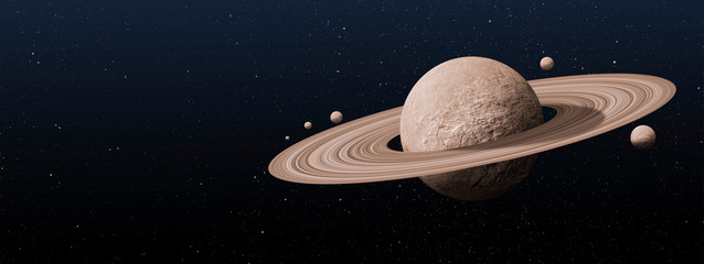 saturn planets in deep space with rings  and moons surrounded.  - obrazy, fototapety, plakaty