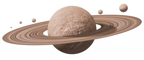 Foto op Canvas Saturnus planeten in de diepe ruimte met ringen en manen omgeven. geïsoleerd op witte achtergrond © chathuporn