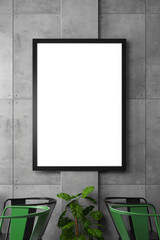 Vertical Blank Frame with Poster Mockup on Concrete Wall, hipster, dining set, kitchen, cafe, nature vibe 3D Interior Render