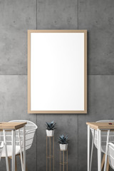 Blank Vertical Frame with Poster Mockup on Concrete Wall, Scandinavian dining set, kitchen, cafe, 3D Interior Render