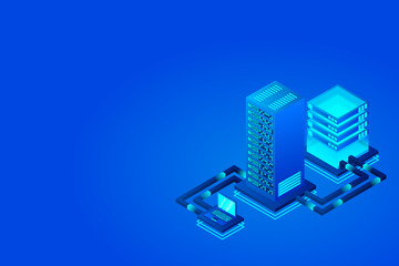 Transfer of user data to the server. Data hosting. Data flow. Data storage. Server. Digital space. Data center. Big Data. Technology. Conceptual illustration. Isometric vector illustration. 3D