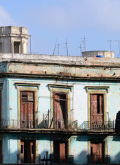 Broken-down balconies in need of repair, in Old Havana, Cuba.