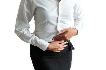 Business woman hand belly suffering from abdominal pain. Health concept. l