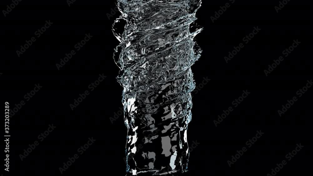 Poster flowing liquid like water spins into a whirlpool or a tornado on black background. 3d animation. 4k 