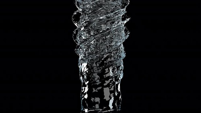 Flowing liquid like water spins into a whirlpool or a tornado on black background. 3D animation. 4k include alpha matte.