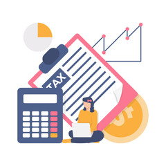 the concept of an accountant, tax manager, financial management. illustration of a woman sitting in front of a calculator, tax return, and coins. flat design. can be used for elements, landing pages