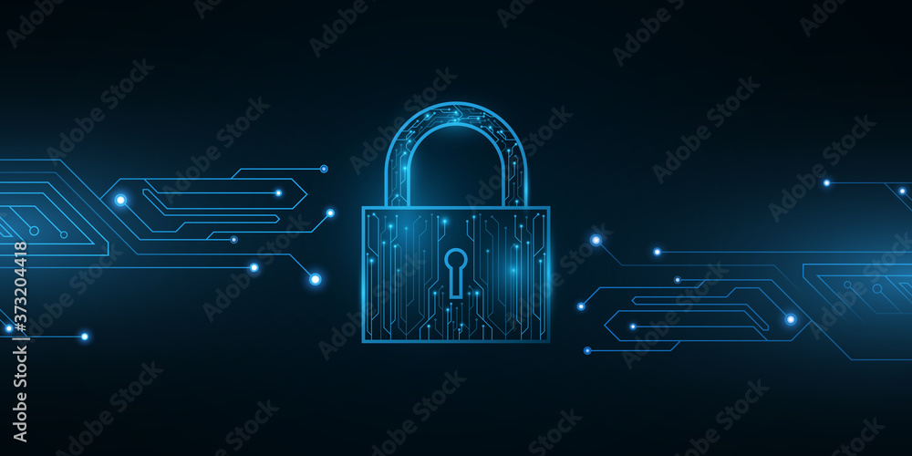 Poster security lock in futuristic style. password protection of computer system data and files. glowing bl