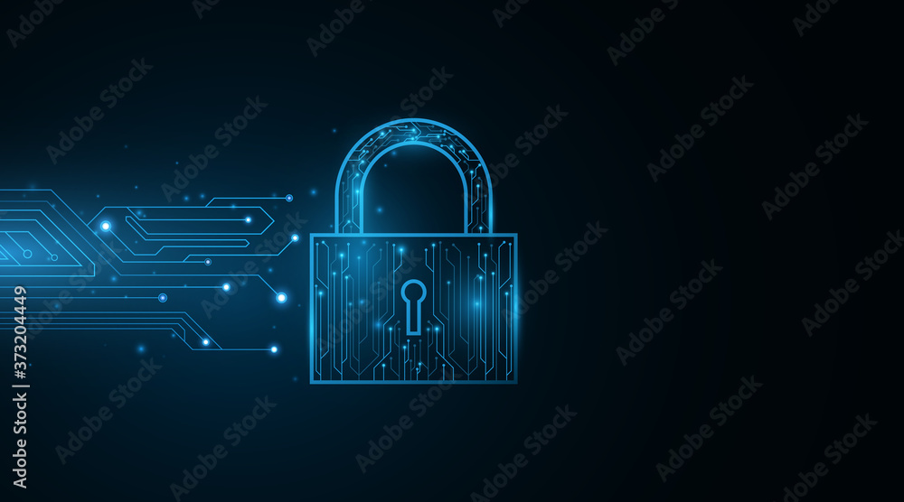 Poster cyber style security lock. password protection of computer system data and files. scientific backgro
