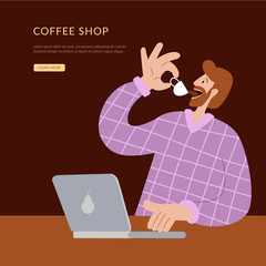 A man with a laptop is drinking coffee. Coffee shop landing page for small business. Homepage website layout design concept.