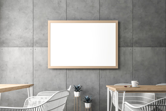 Blank Frame with Poster Mockup on Concrete Wall, Scandinavian dining set, kitchen, cafe, 3D Interior Render