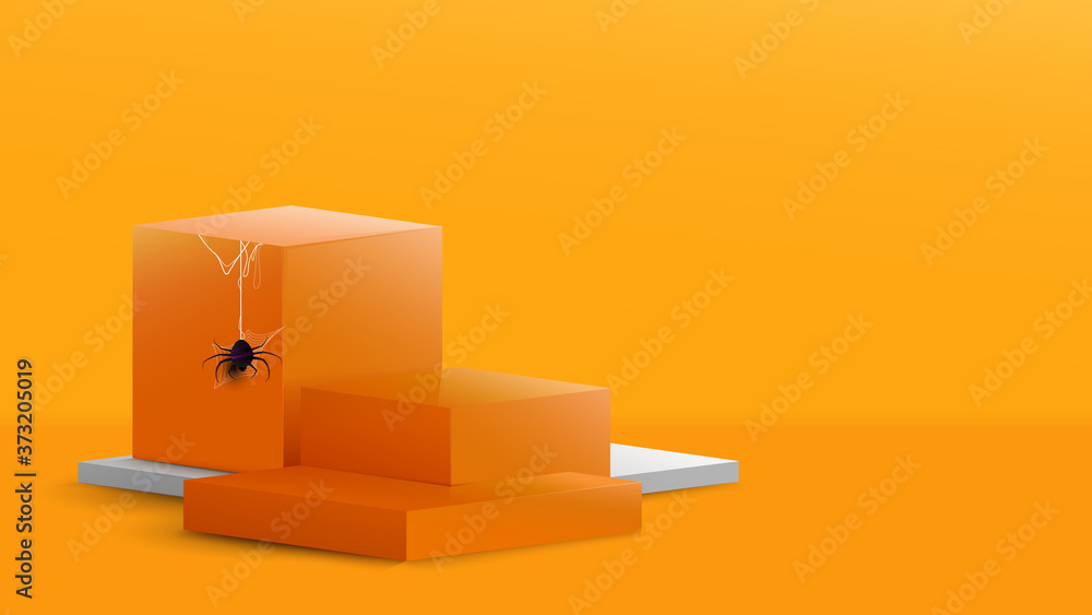 Poster 3d podium in abstract orange and white composition with spider and cobweb in halloween theme design.