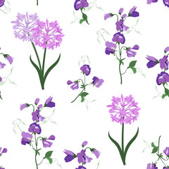 Seamless vector illustration with sweet pea and agapanthus on a white background .