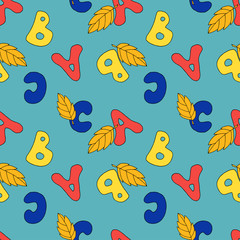 Obraz premium Children's seamless vector pattern with letters and leaves on a blue background. 