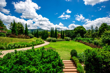The natural background of travelers traveling to see the morning light by the lake, the atmosphere surrounded by mountains, trees, mist and fresh air.