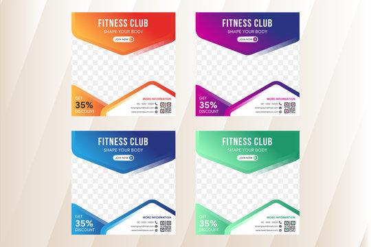 Fitness club of gym social media post square banner template for sport studio promotion. Space for photo collage. Various colors are orange, purple, blue and green gradient. 