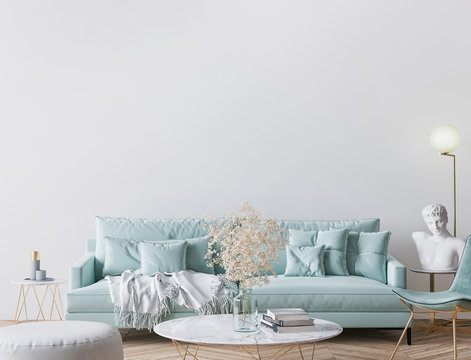 Trendy modern living room in light turquoise color and golden home accessories, empty wall mockup, 3d render
