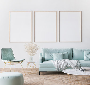 Frame mockup in bright modern living room design, three vertical wooden frames on white wall background, 3d render