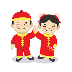 A Chinese couple of kids with traditional costume mascot design illustration