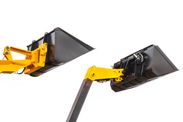 Fototapeta premium Shovel of excavator or bulldozer. Part of hydraulic mechanism using in industrial machine. White background. Technology