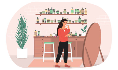 Girl removing makeup standing in front of a mirror and shelves of cosmetics behind her, colored vector illustration