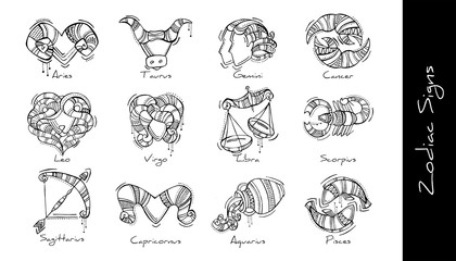 Set of vector graphic illustration of zodiac signs in boho style. Aries, Taurus, Gemini, Cancer, Leo, Virgo, Libra, Scorpio, Sagittarius, Capricorn, Aquarius, Pisces