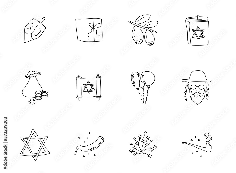 Poster hanukkah doodles isolated on white. hanukkah icon set for web design, user interface, mobile apps an