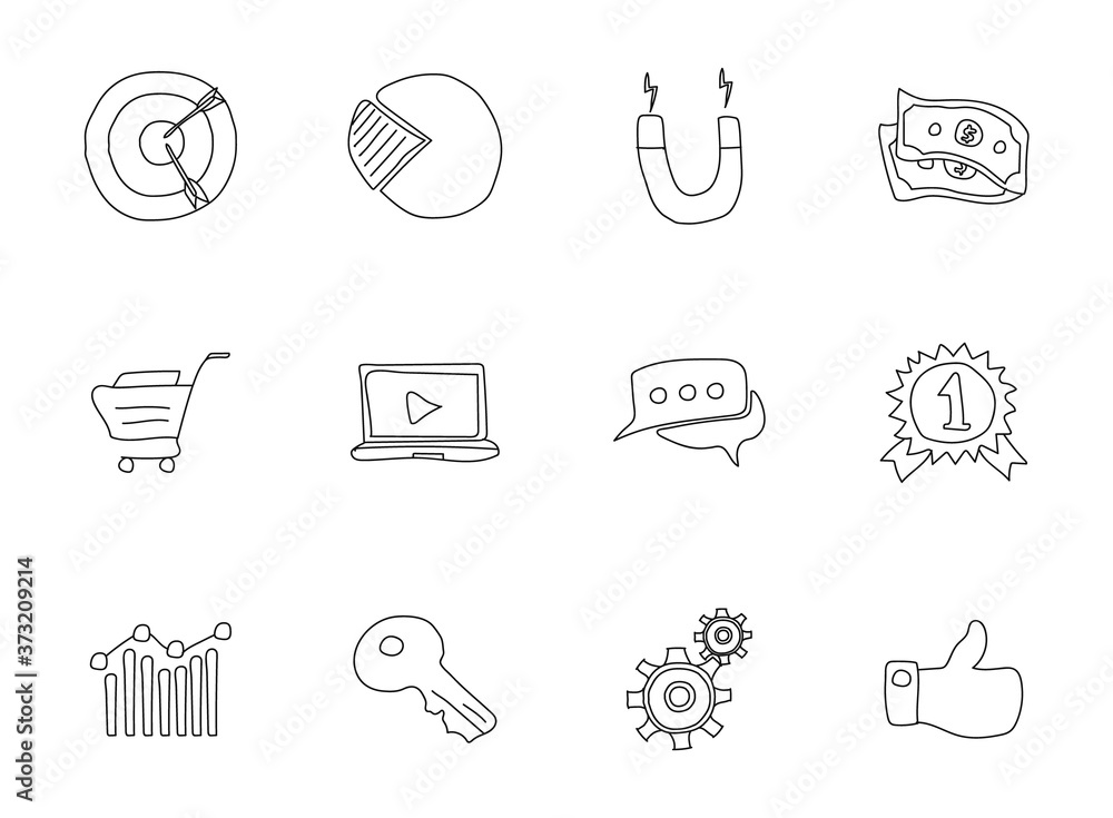 Poster marketing doodles isolated on white. marketing icon set for web design, user interface, mobile apps 
