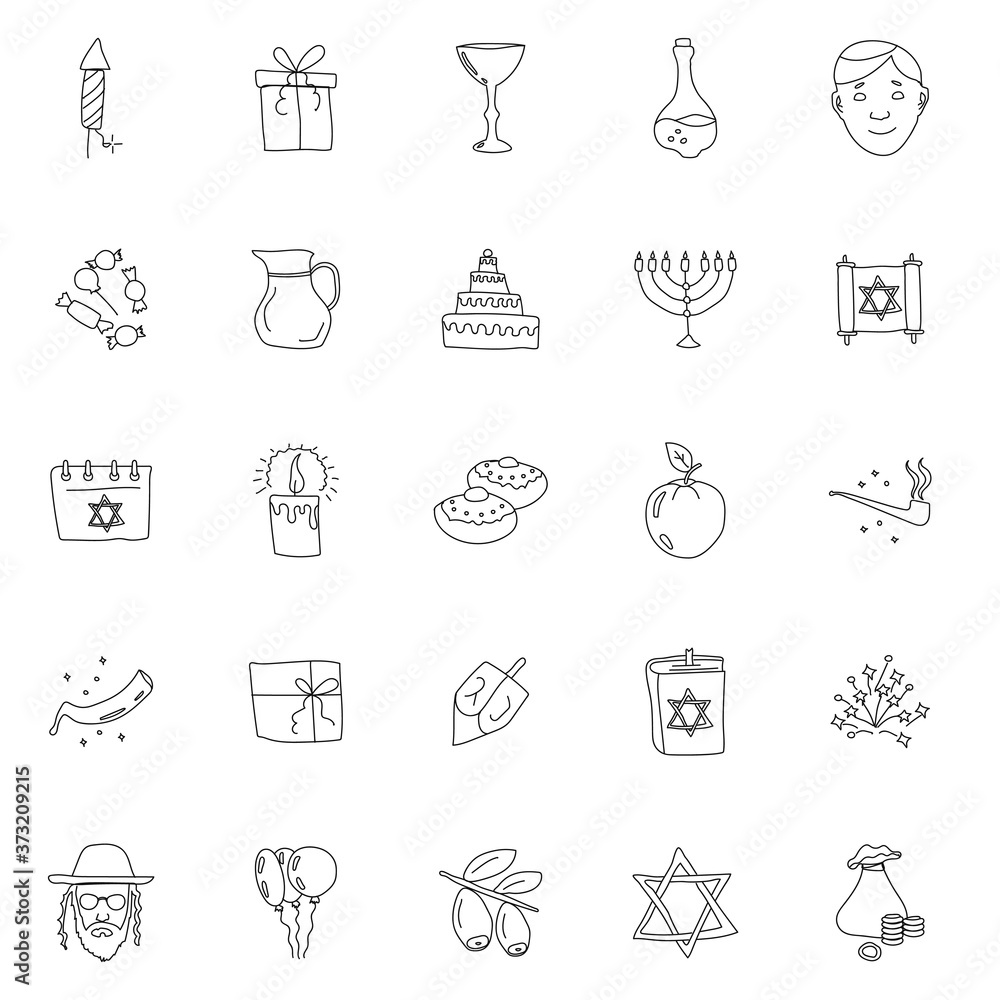 Poster hanukkah hand drawn linear doodles isolated on white background. hanukkah icon set for web and ui de