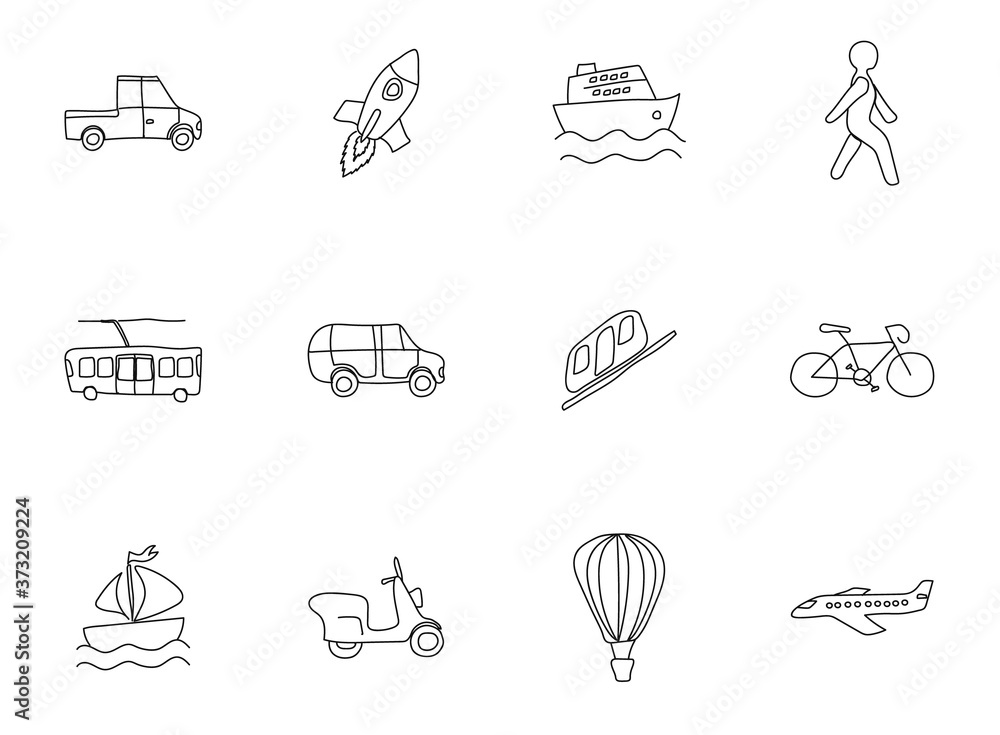 Poster transport hand drawn linear vector icons isolated on white background. transport doodle icon set for