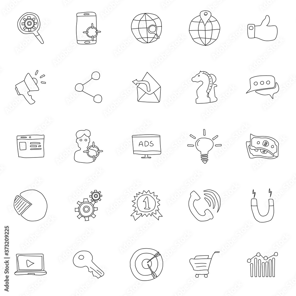 Poster marketing hand drawn linear doodles isolated on white background. marketing icon set for web and ui 