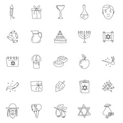 hanukkah hand drawn linear doodles isolated on white background. hanukkah icon set for web and ui design, mobile apps and print products
