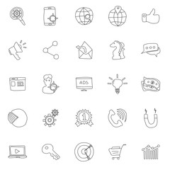 marketing hand drawn linear doodles isolated on white background. marketing icon set for web and ui design, mobile apps and print products