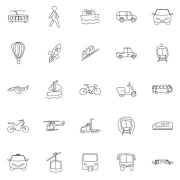 transport hand drawn linear doodles isolated on white background. transport icon set for web and ui design, mobile apps and print products