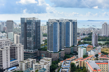 Fototapeta na wymiar Beautiful aerial panoramic view of the city of Sanya city from Luhuitou Park. Hainan, China.