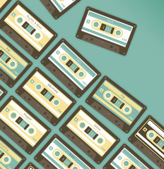 Vintage music stereo cassettes with genres texts: pop, rock, jazz, blues. Concepts: Dance party, Cloud storage multimedia audio library, radio, podcasts collection, records, vintage, 90s, 80s, disco.
