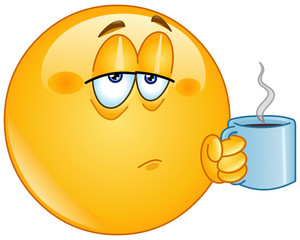 Tired emoji emoticon holding coffee morning mug
