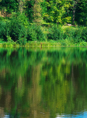 Fototapeta na wymiar Dramatic summer river reflections background