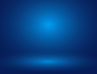 Blue background with soft light on middle, floor, 3d room background, space for text, objects, vector illustration