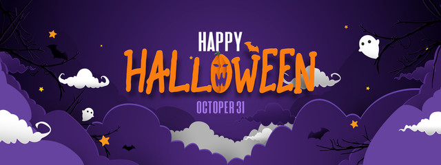 Happy halloween banner. Night sky spooky background with bats and ghosts. Paper art design. Vector illustration