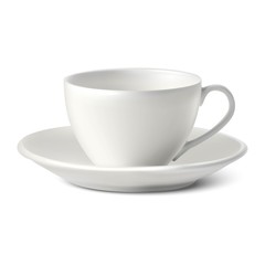 Isolated 3d realistic vector white porcelain cup with a plate on white background.