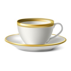 Isolated 3d realistic vector white porcelain cup with golden borders and a plate on white background.